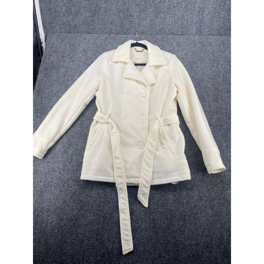 L.e.i. Pea Coat Jacket Womens XL Cream Ivory Double Breasted Belted Fleece Knit